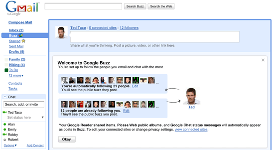 screenshot interfejsu Google Buzz w Gmailu