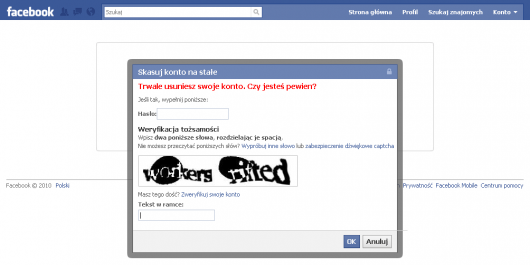 Jak usunąć konto na Facebooku - potwierdzenie - wpisz hasło i przepisz kod z obrazka