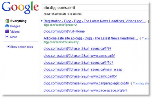 Googlowa lista podstron z katalogu digg.com/submit