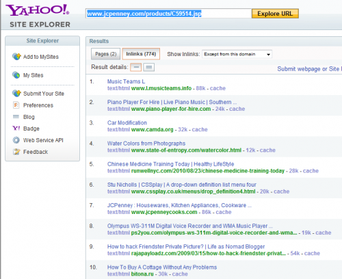 Yahoo Site Explorer pokazuje 744 linki do danego URL-a Yahoo Site Explorer pokazuje 744 linki do danego URL-a