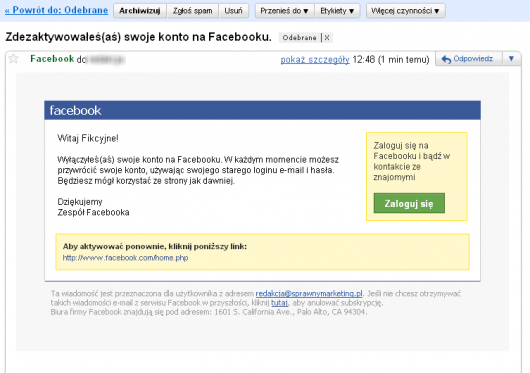 Jak zdezaktywować konto na Facebooku - mailowe potwierdzenie dezaktywacji 