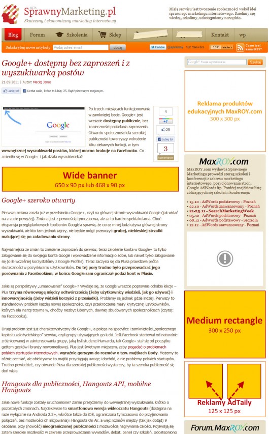 reklama na SprawnyMarketing: formaty stron artykułów i newsów