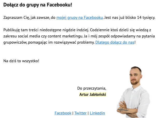 mailing promujący grupę na Facebooku