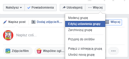 ustawienia grupy na Facebooku