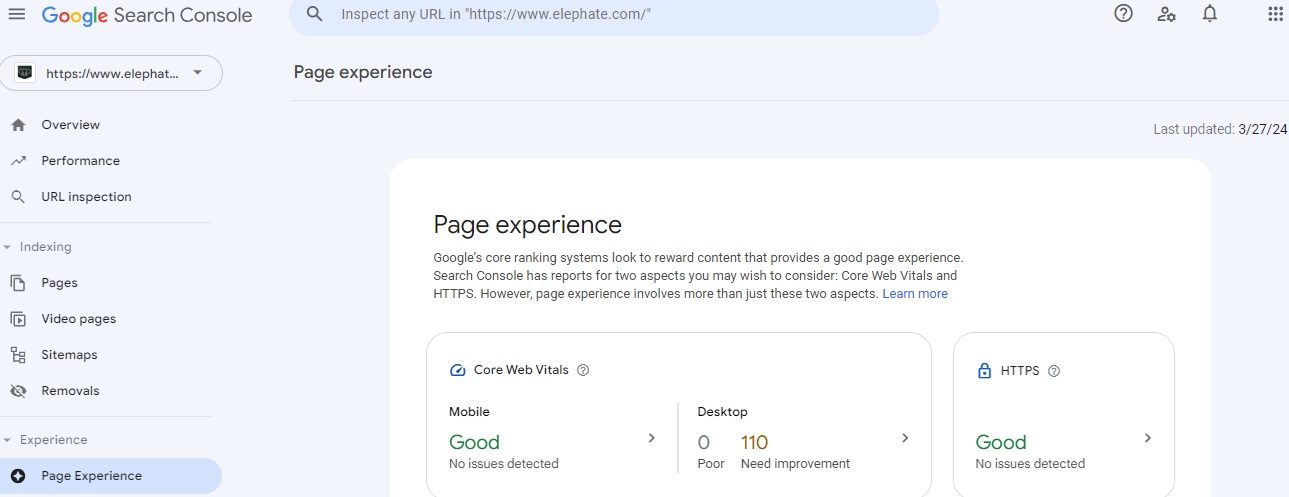 Screen raportu Eksperymenty i personalizacja w narzędziu Google Search Console