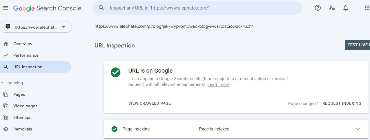 Zrzut ekranu prezentujący wygląd sekcji Sprawdzanie adresu URL w narzędziu Google Search Console