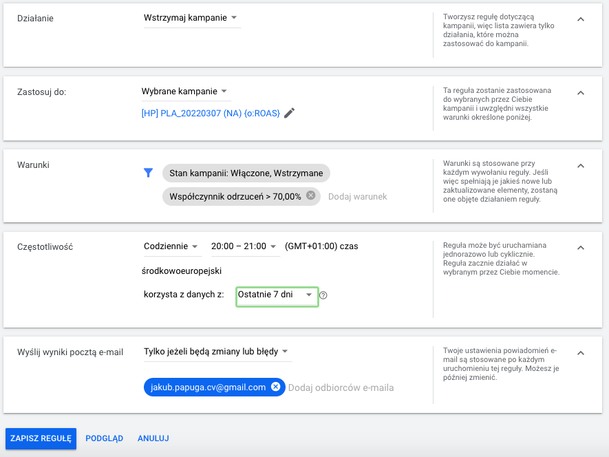 reguły automatyczne w google ads