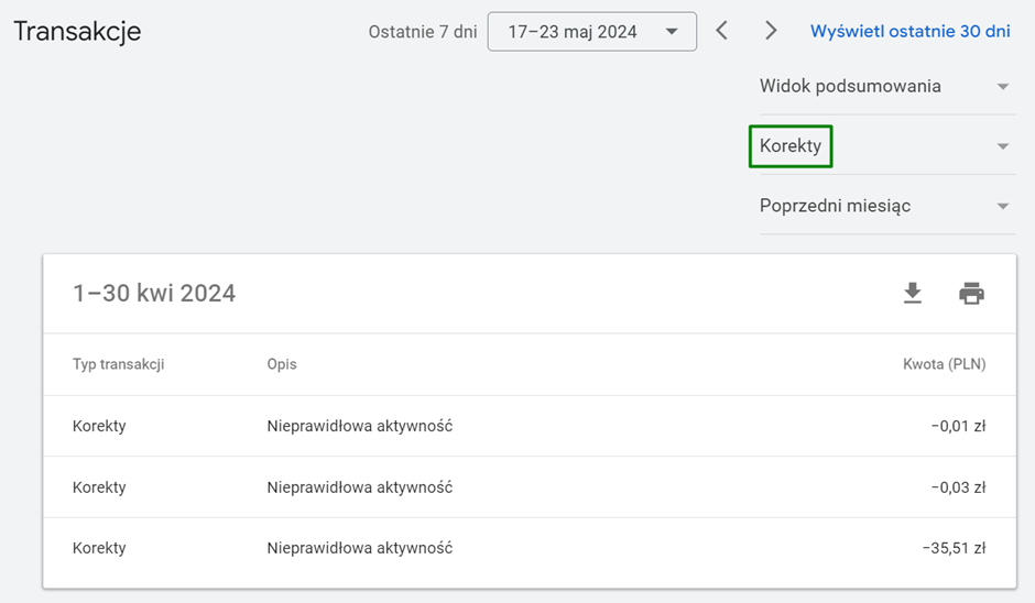 rozliczenie nieprawidłowych kliknięć w google ads
